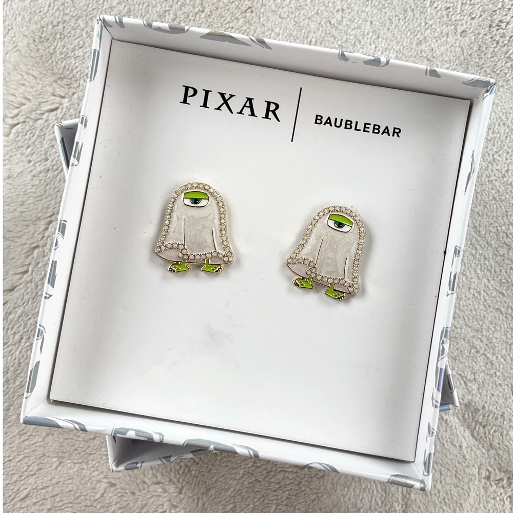 Disney Pixar BaubleBar Mike Wazowski Ghost Halloween Earrings Enamel Crystal